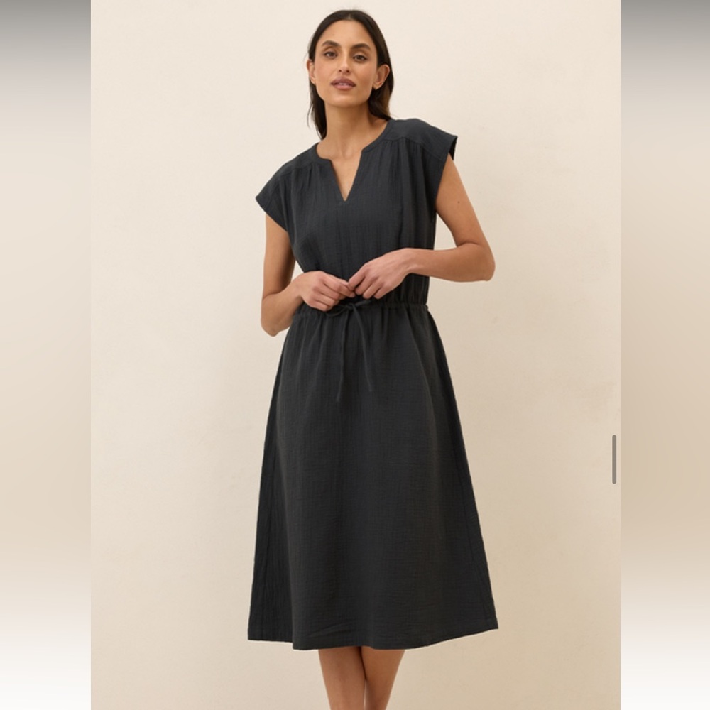 PACT Coastal Double Gauze Tie Waist Midi Dress